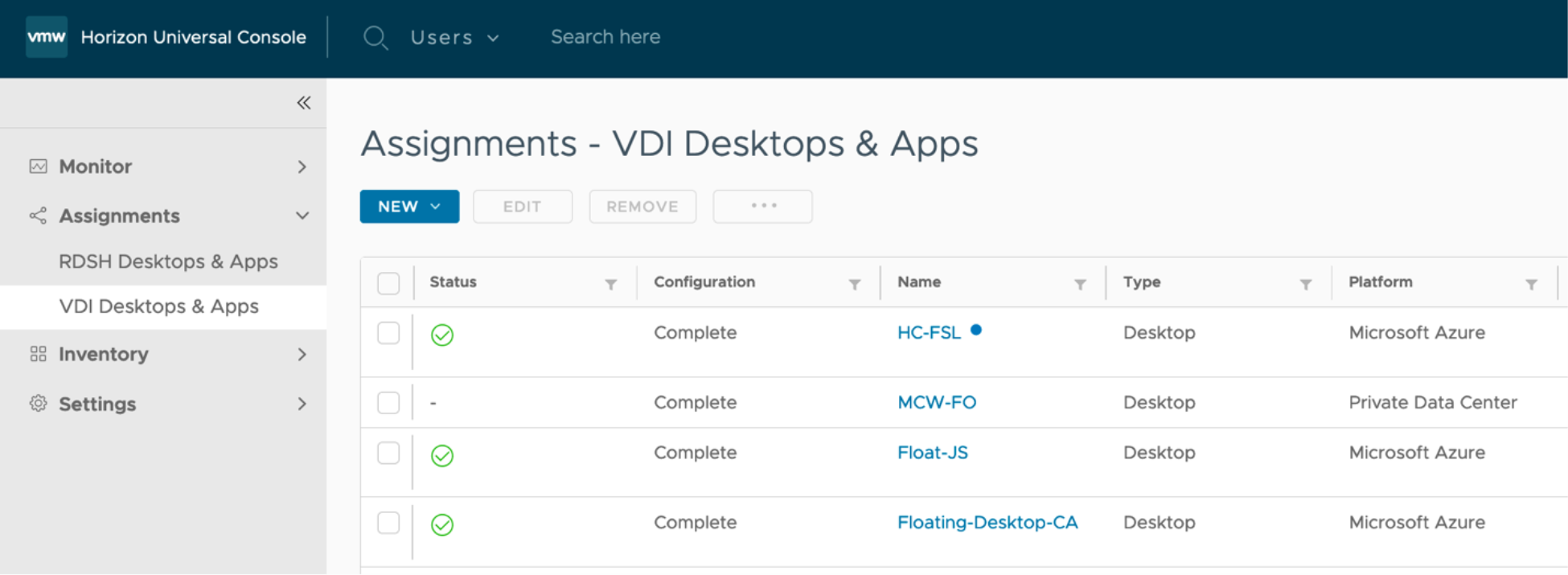 VMware Horizon 8 desktop pools appear under Inventory; whereas they appear under Assignments in Horizon Cloud on Microsoft Azure.